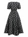 Black 1940s V-Neck Puff Ditsy Floral Dress - vintage dress, retro fashion, classic black