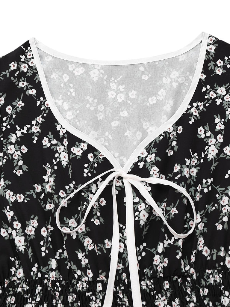 Black 1940s V-Neck Puff Ditsy Floral Dress - vintage dress, retro fashion, classic black