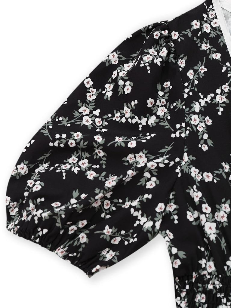 Black 1940s V-Neck Puff Ditsy Floral Dress - vintage dress, retro fashion, classic black