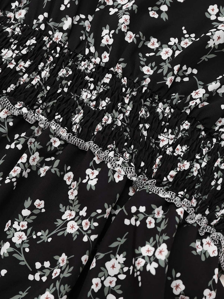 Black 1940s V-Neck Puff Ditsy Floral Dress - vintage dress, retro fashion, classic black