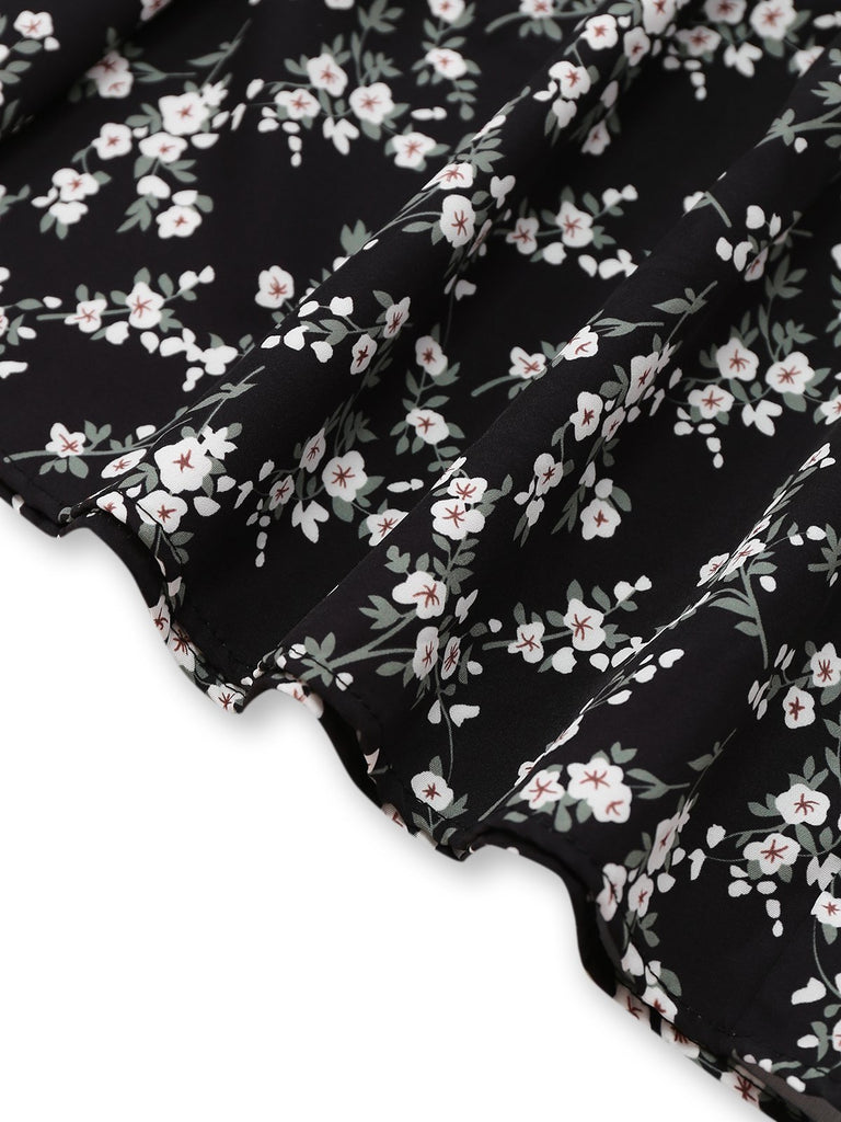 Black 1940s V-Neck Puff Ditsy Floral Dress - vintage dress, retro fashion, classic black