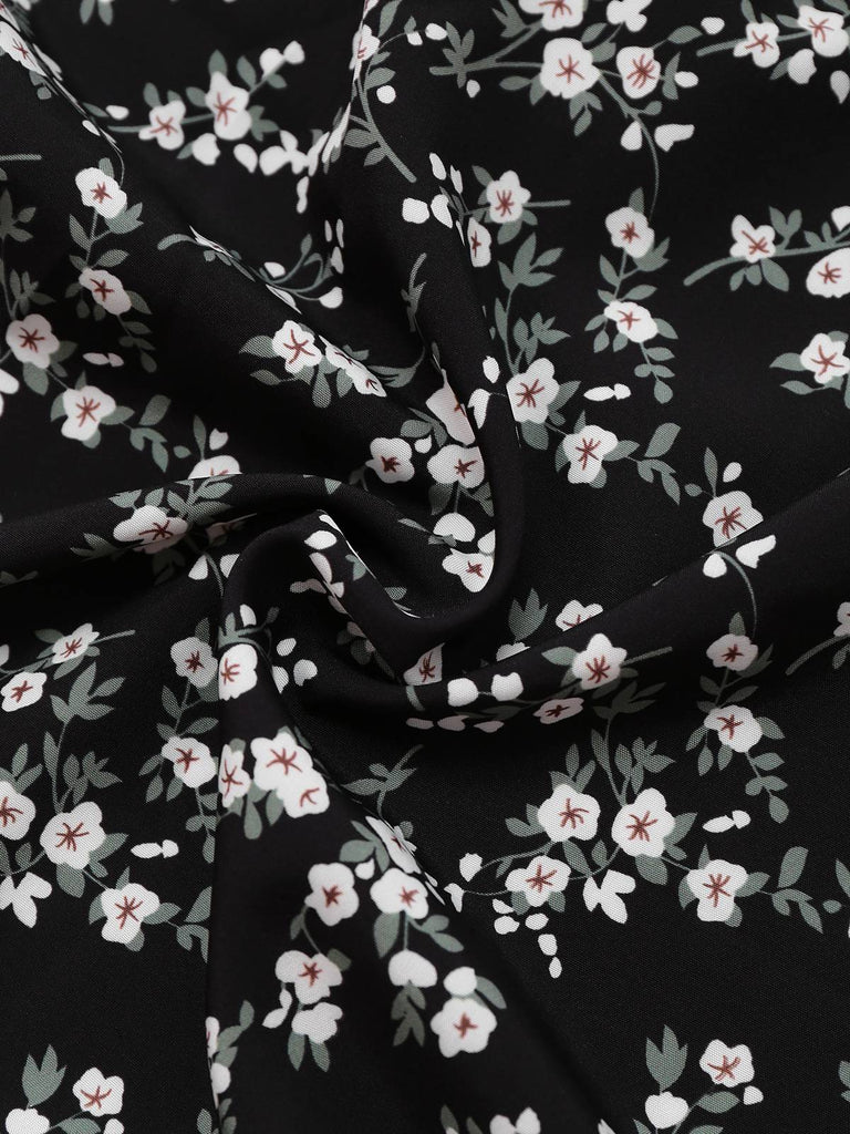 Black 1940s V-Neck Puff Ditsy Floral Dress - vintage dress, retro fashion, classic black