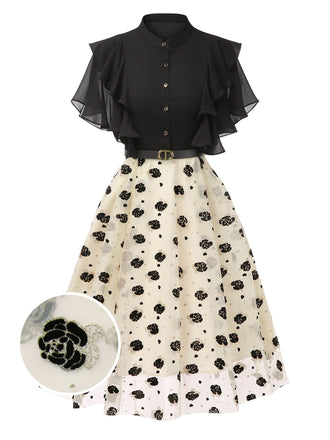 Black 1950s 3D Floral Ruffle A-line Dress, vintage dress, retro fashion, rockabilly, pin-up fashion - perfect for women who love vintage and retro fashion