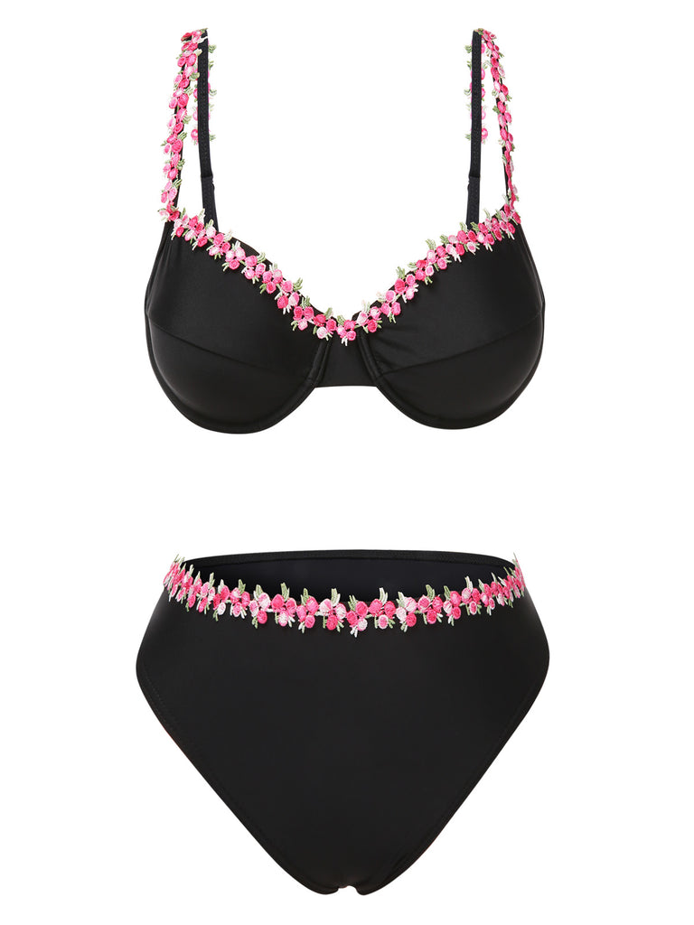 Black 1950s 3D Floral Spaghetti Straps Bikini Set, vintage swimsuit, pin-up swimwear - perfect for women who love vintage and retro fashion