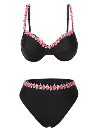 Black 1950s 3D Floral Spaghetti Straps Bikini Set, vintage swimsuit, pin-up swimwear - perfect for women who love vintage and retro fashion