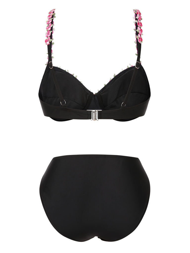 Black 1950s 3D Floral Spaghetti Straps Bikini Set, vintage swimsuit, pin-up swimwear - perfect for women who love vintage and retro fashion