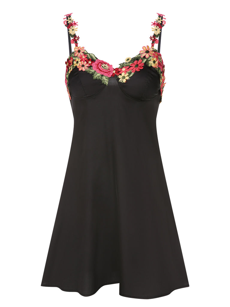 Black 1950s 3D  Floral Suspender Sleepwear, vintage fashion, retro style - perfect for women who love vintage and retro fashion