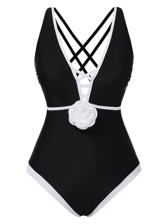 Black 1950s 3D Flower Patchwork One-Piece Swimsuit, vintage swimsuit, pin-up swimwear - perfect for women who love vintage and retro fashion