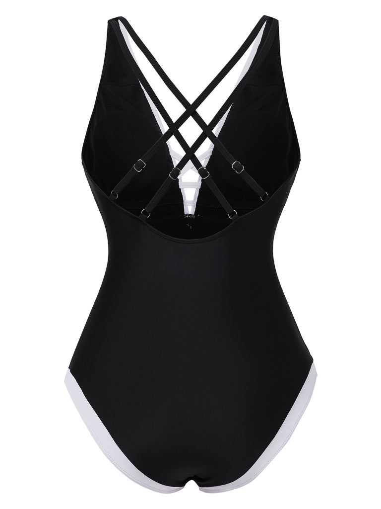 Black 1950s 3D Flower Patchwork One-Piece Swimsuit, vintage swimsuit, pin-up swimwear - perfect for women who love vintage and retro fashion