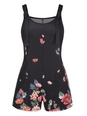 Black 1950s Adjustable Straps Floral Romper - vintage jumpsuit, retro fashion, classic black