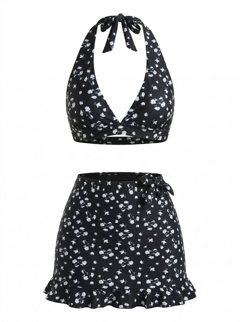 3PCS Black 1960s Halter Ditsy Floral Bikini Set & Cover-Up - vintage swimsuit, pin-up swimwear for vintage lovers