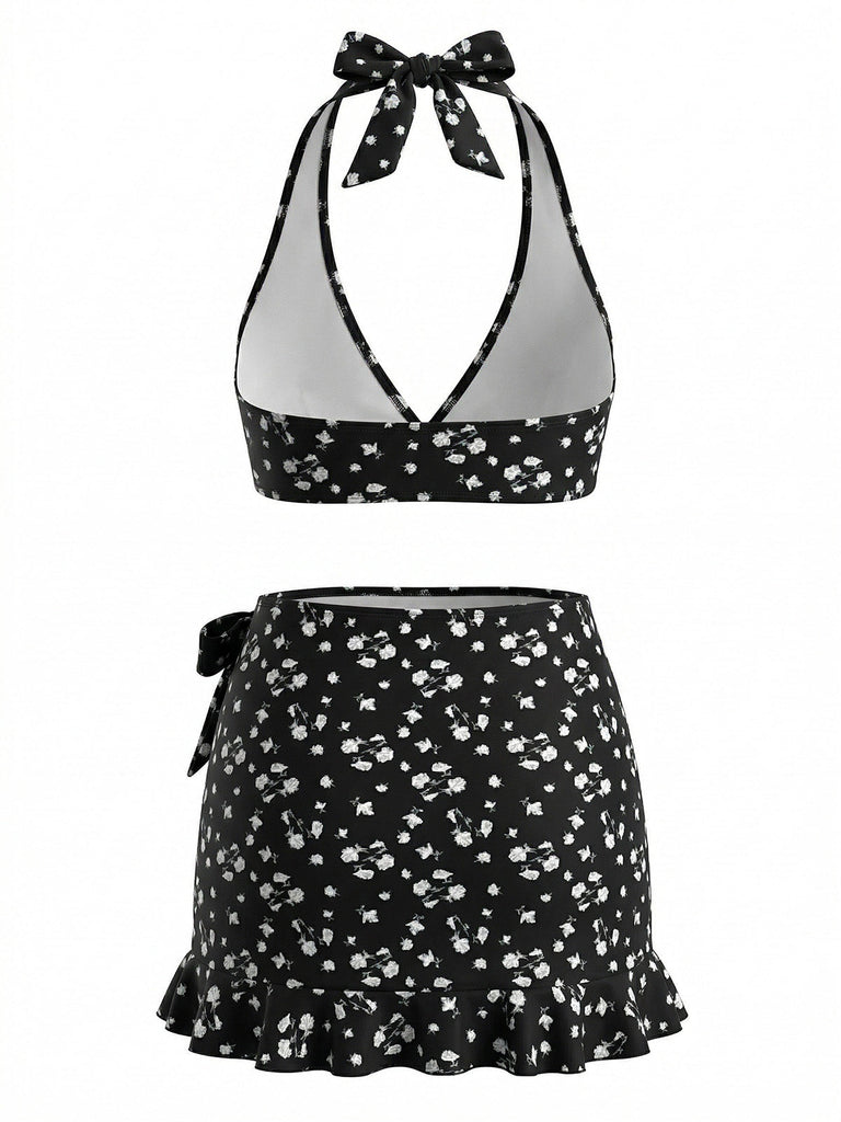 3PCS Black 1960s Halter Ditsy Floral Bikini Set & Cover-Up - vintage swimsuit, pin-up swimwear for vintage lovers