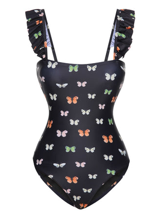 Black 1950s Butterfly Flare Sleeve One-Piece Swimsuit, vintage swimsuit, pin-up swimwear - perfect for women who love vintage and retro fashion
