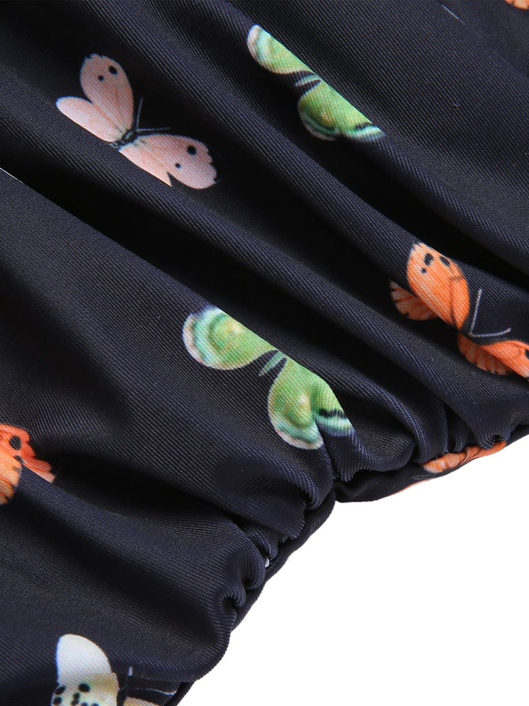 Black 1950s Butterfly Flare Sleeve One-Piece Swimsuit, vintage swimsuit, pin-up swimwear - perfect for women who love vintage and retro fashion