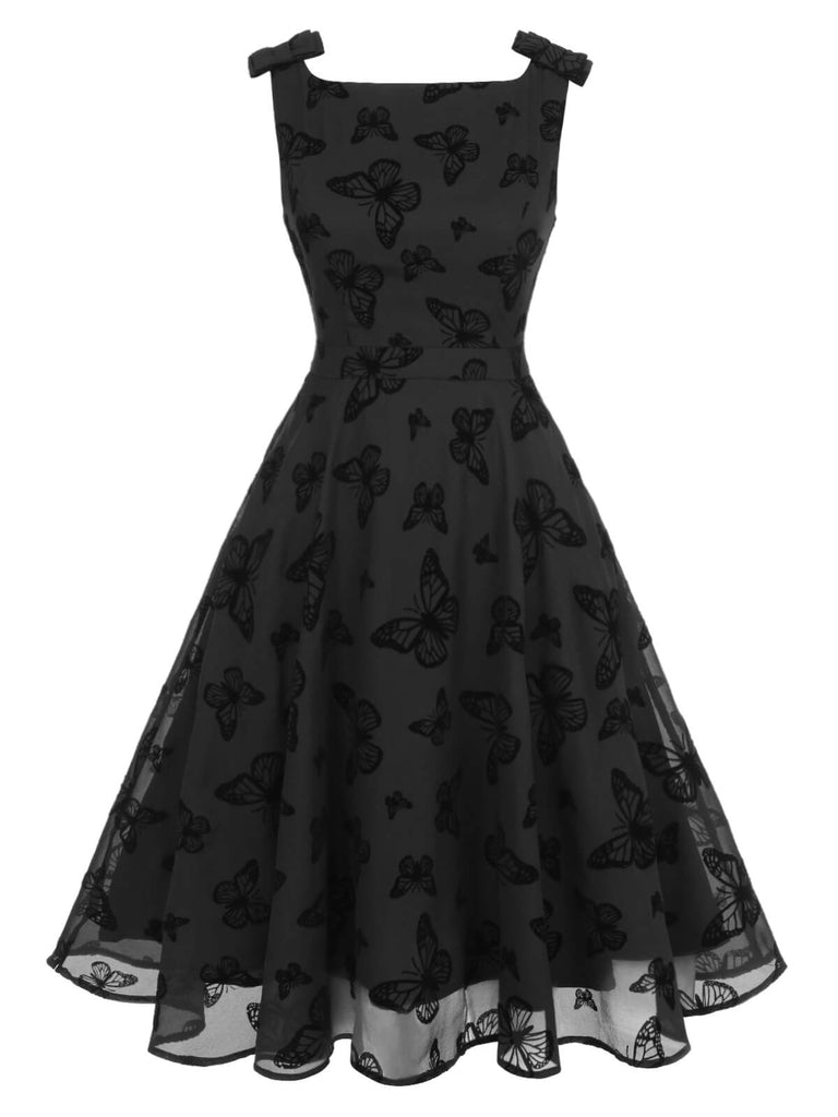 Black 1950s Butterfly Flocking Mesh Dress, vintage dress, retro fashion, rockabilly, pin-up fashion - perfect for women who love vintage and retro fashion