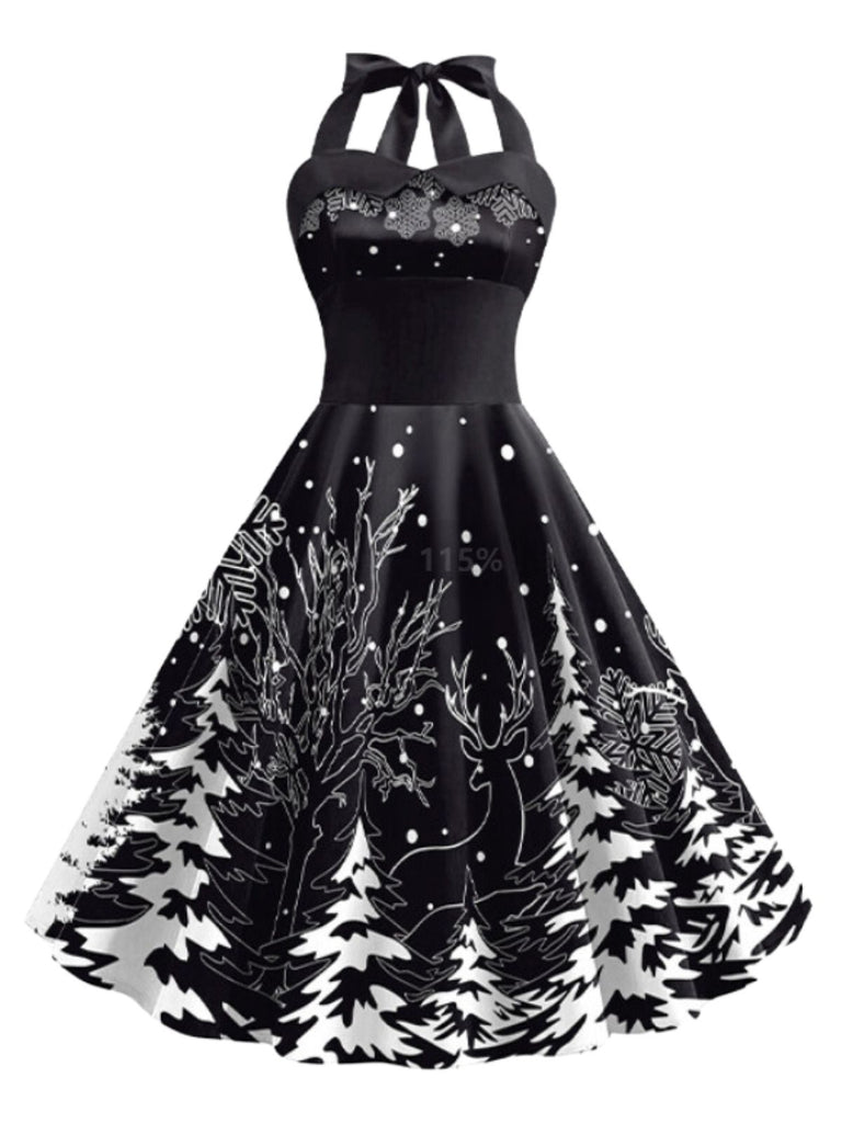 Black 1950s Christmas Halter Swing Dress: timeless style reimagined