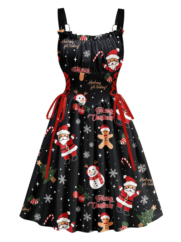 Black 1950s Christmas Print Lace-Up Dress - vintage dress, retro fashion, rockabilly