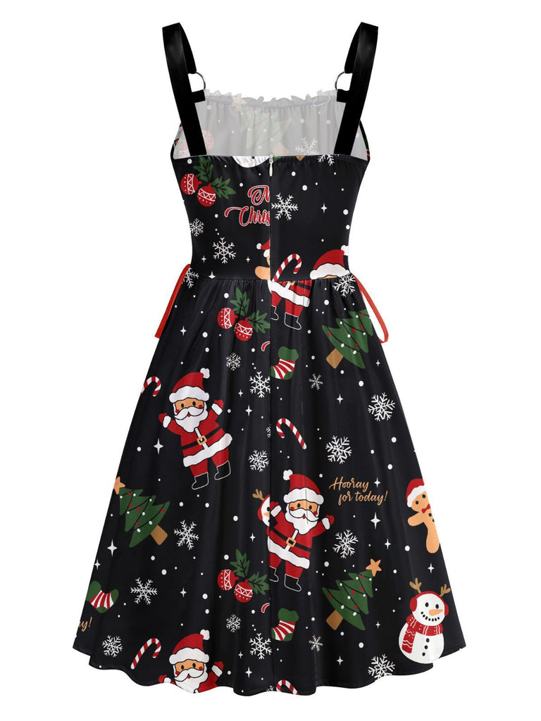 Black 1950s Christmas Print Lace-Up Dress - vintage dress, retro fashion, rockabilly