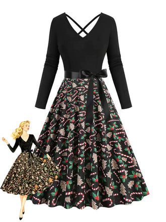 Black 1950s Christmas Print V-Neck Cross Back Dress - vintage dress, retro fashion, rockabilly