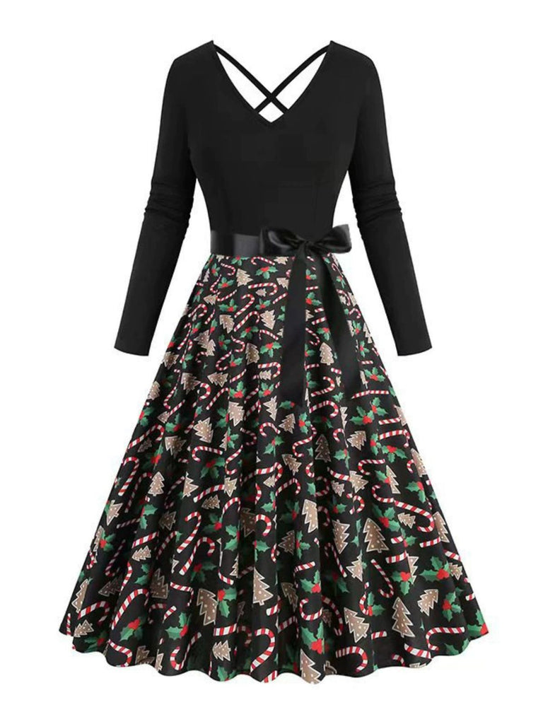 Black 1950s Christmas Print V-Neck Cross Back Dress - vintage dress, retro fashion, rockabilly