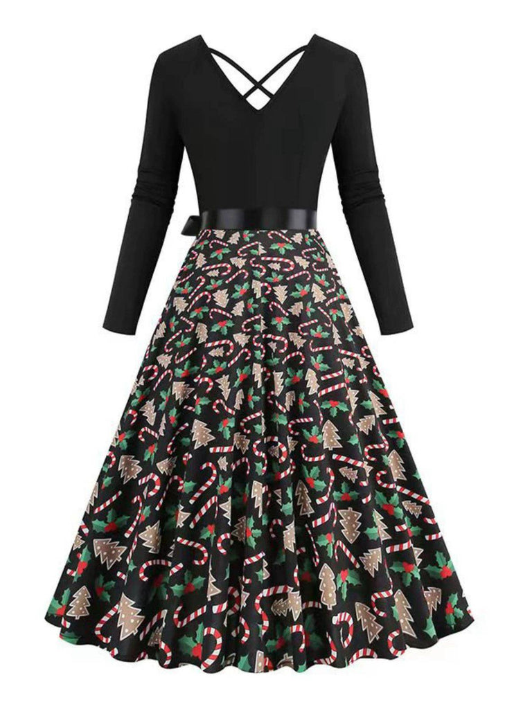 Black 1950s Christmas Print V-Neck Cross Back Dress - vintage dress, retro fashion, rockabilly
