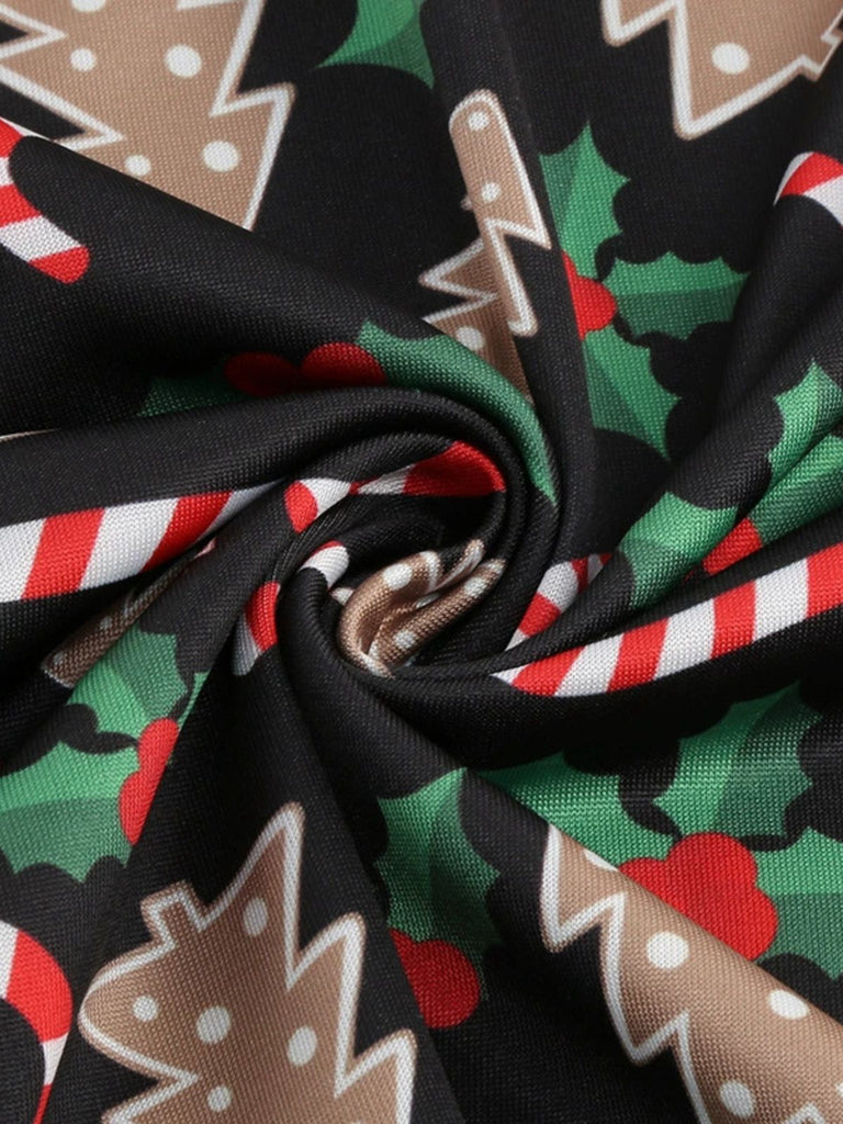 Black 1950s Christmas Print V-Neck Cross Back Dress - vintage dress, retro fashion, rockabilly