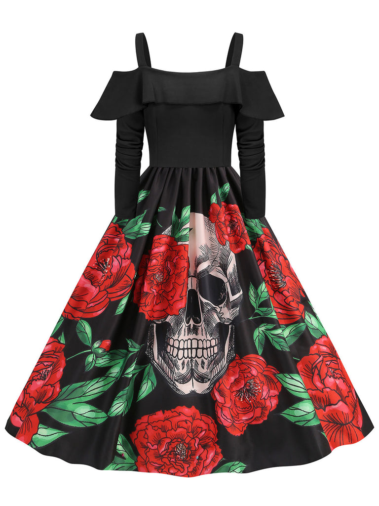 She slips into this Black 1950s Cold-Shoulder Halloween Skull Roses Dress and suddenly it's a 1950s daydream