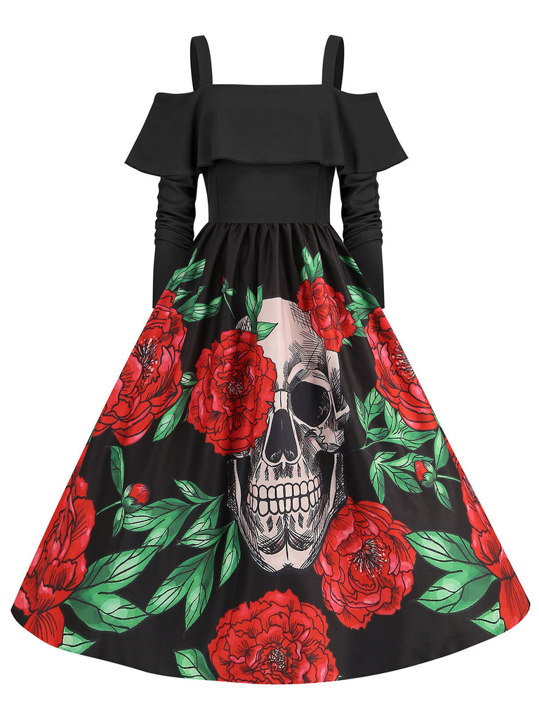 This Black 1950s Cold-Shoulder Halloween Skull Roses Dress wraps her in 1950s elegance, one twirl at a time