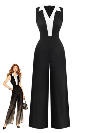 Black 1950s Colorblock Sleeveless Wide-Leg Jumpsuit - vintage jumpsuit, retro fashion, classic black