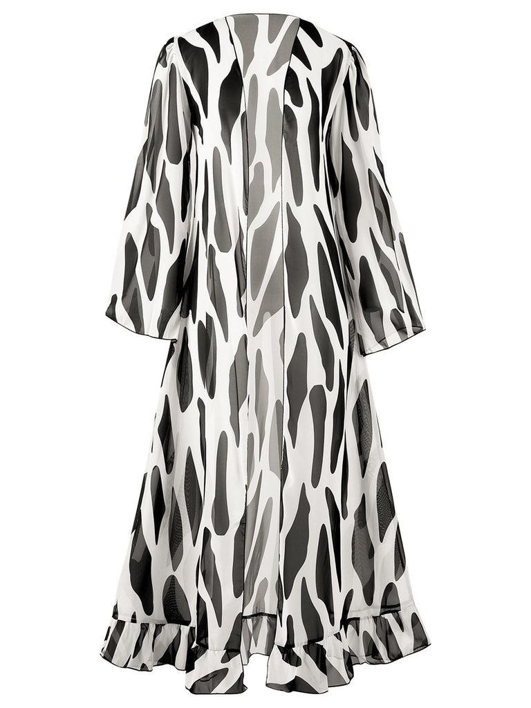 Black 1950s Contrast Spots Long Cover Up - vintage fashion, retro style, classic black