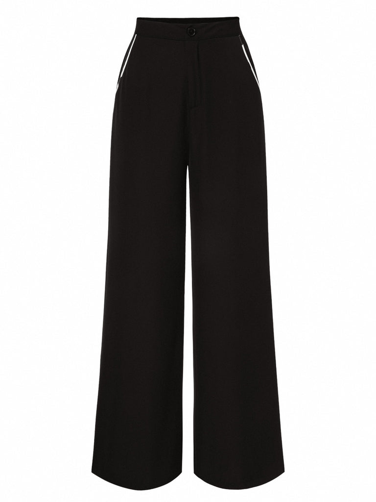 Black 1950s Contrast Trim Straight-Leg Pants: 1950s power dressing, reimagined