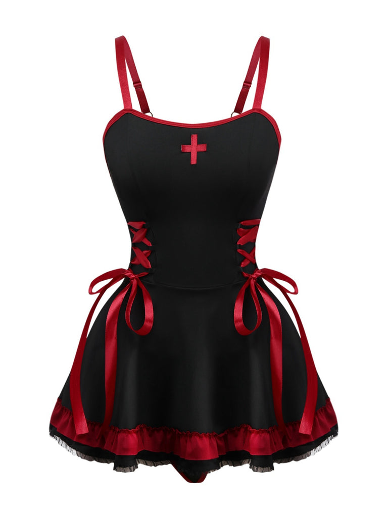 Black 1950s Cross Contrast Ruffle Hem Nightdress - vintage dress, retro fashion, rockabilly