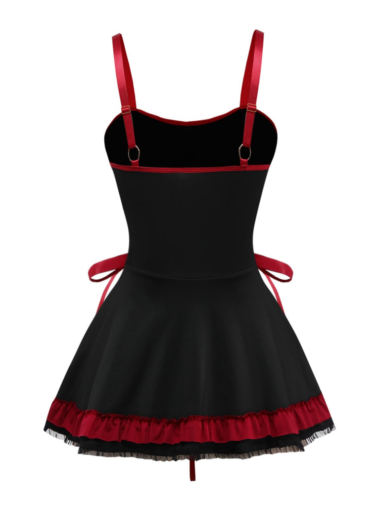 Black 1950s Cross Contrast Ruffle Hem Nightdress - vintage dress, retro fashion, rockabilly