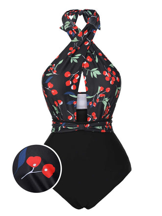 She's wearing Black 1950s Cross Halter Cherry Swimsuit and the whole beach remembers the 1950s