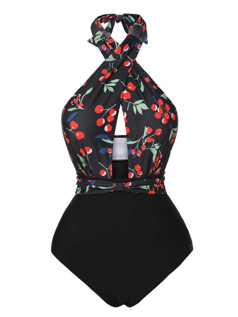 Black 1950s Cross Halter Cherry Swimsuit: 1950s Riviera elegance, reimagined for her