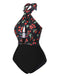 This Black 1950s Cross Halter Cherry Swimsuit carries 1950s vacation dreams in every stitch