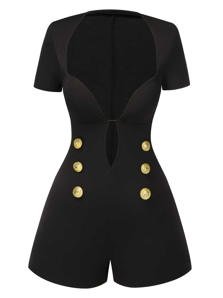 She finds her 1950s story in this Black 1950s Cut-Out Buttoned Solid Romper