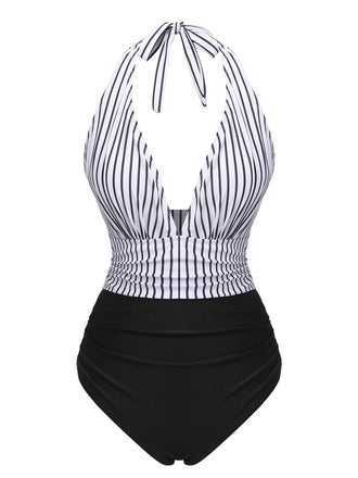 Black 1950s Deep V-Neck Stripe Swimsuit, vintage swimsuit, pin-up swimwear - perfect for women who love vintage and retro fashion