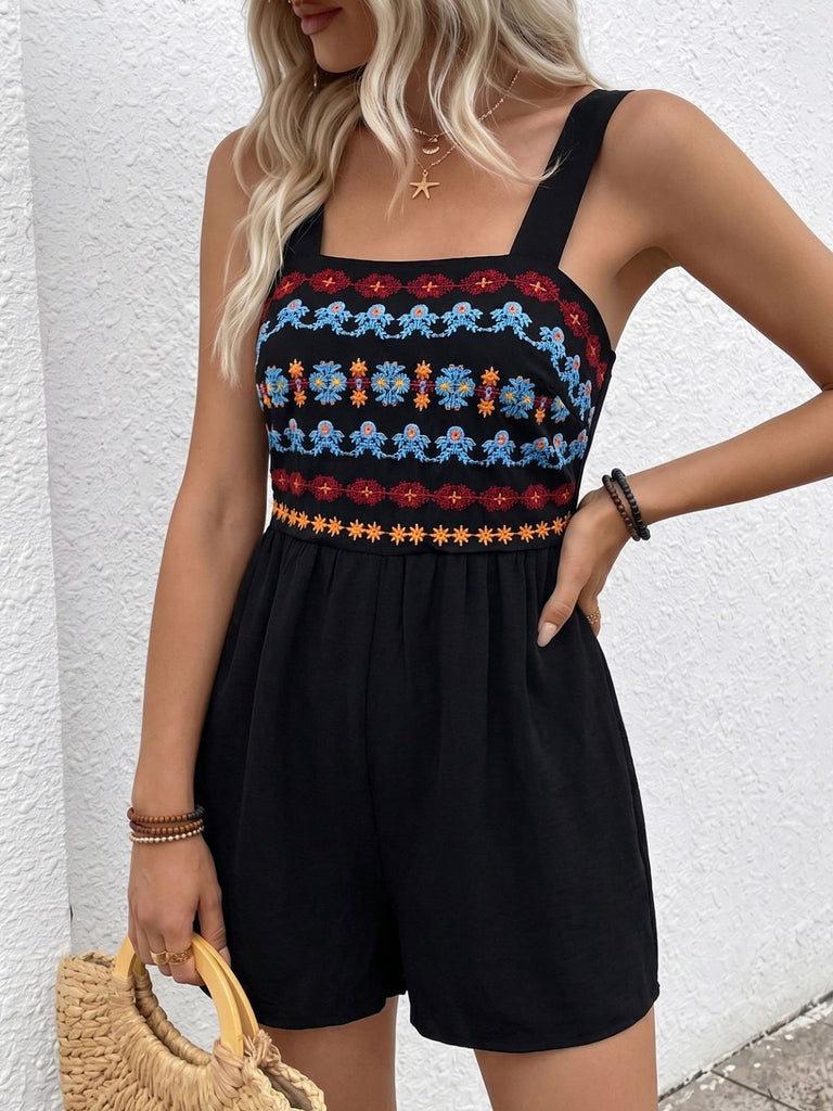 Black 1950s Embroidered Square Neck Romper, vintage romper, retro jumpsuit - perfect for women who love vintage and retro fashion