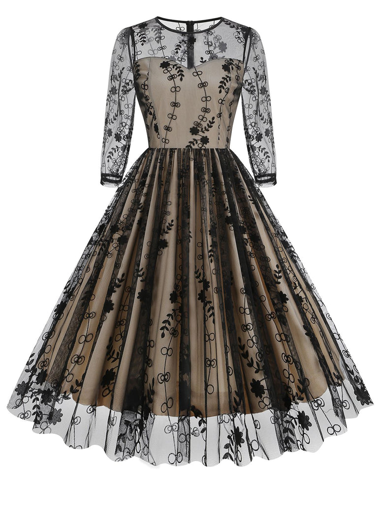 She slips into this Black 1950s Floral Mesh Patchwork Dress and suddenly it's a 1950s daydream