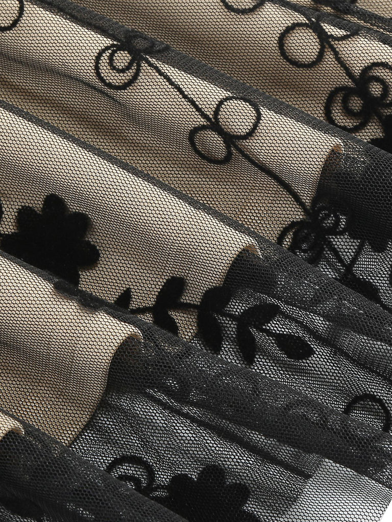 This Black 1950s Floral Mesh Patchwork Dress wraps her in 1950s elegance, one twirl at a time