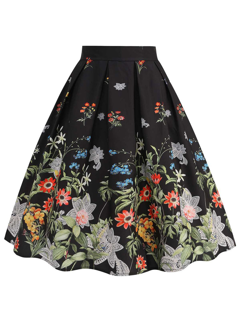 Black 1950s Floral Pleated Swing Skirt, vintage skirt, retro style - perfect for women who love vintage and retro fashion