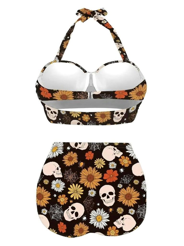 Black 1950s Floral Print Lace-Up Halter Swimsuit: beautiful vintage swimwear, retro swimsuit, pin-up style with timeless appeal