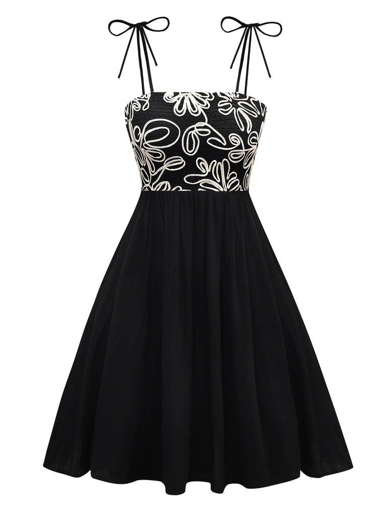 Black 1950s Floral Textured Spaghetti Straps Dress - vintage dress, retro fashion, rockabilly