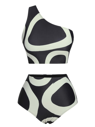 Black 1950s Geometric One-Shoulder Swimsuit, vintage swimsuit, pin-up swimwear - perfect for women who love vintage and retro fashion
