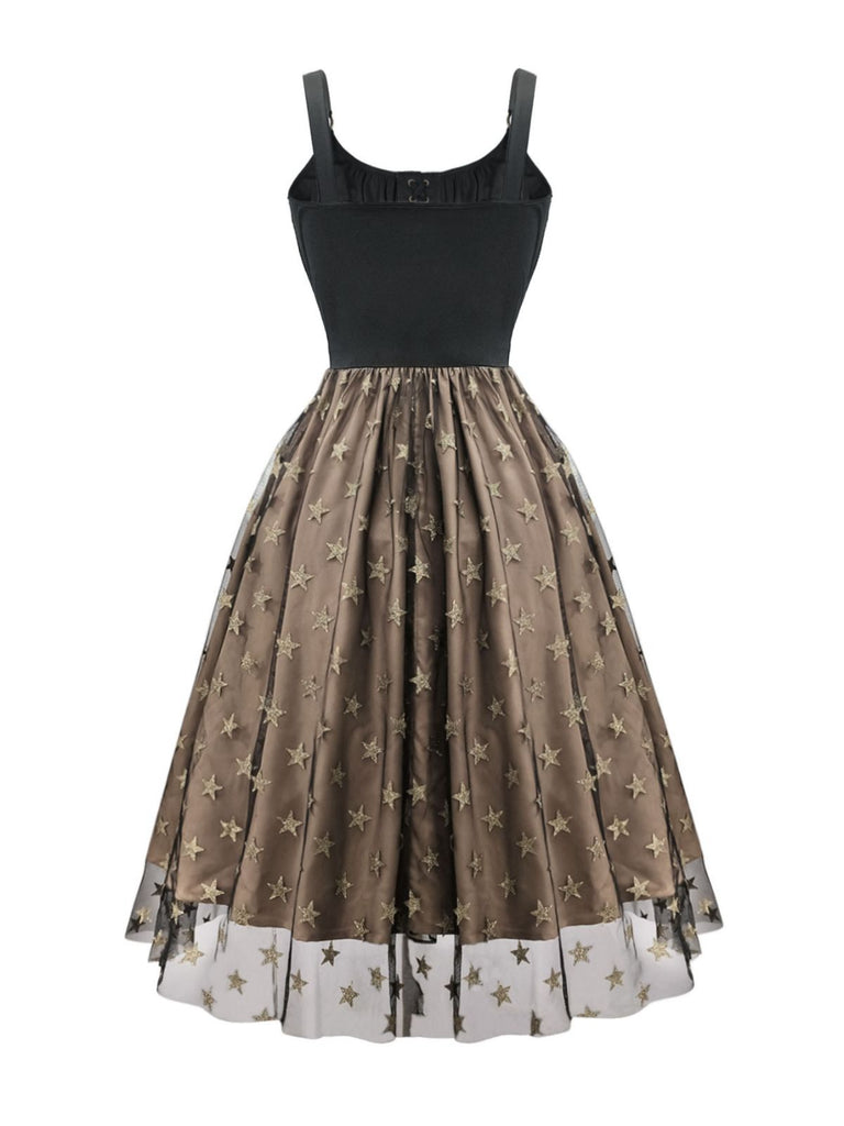 Black 1950s Gold Star Sequined Mesh Ruched Dress - vintage dress, retro fashion, rockabilly