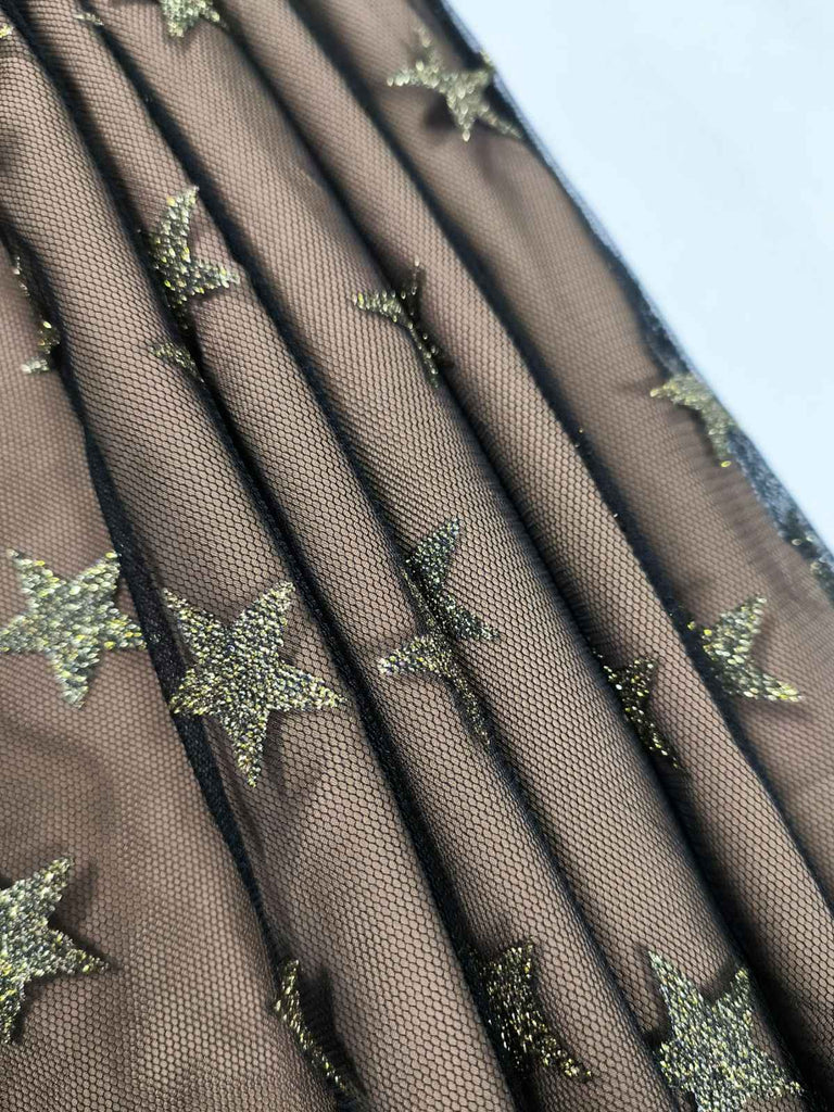 Black 1950s Gold Star Sequined Mesh Ruched Dress - vintage dress, retro fashion, rockabilly