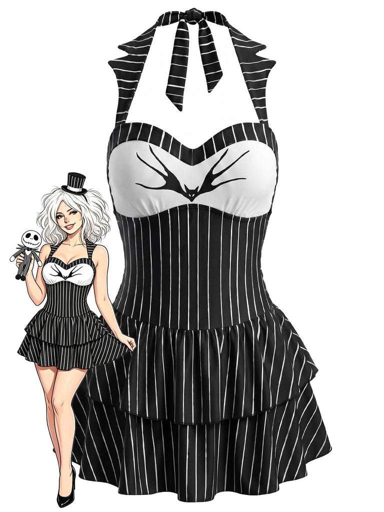 [Pre-Sale] Black 1950s Gothic Bat Pinstripe Halter Swim Dress, vintage dress, retro fashion, rockabilly, pin-up fashion - perfect for women who love vintage and retro fashion