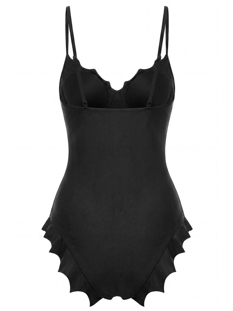 [Pre-Sale] Black 1950s Gothic Batwing Hem One Piece Swimsuit - vintage swimsuit, pin-up swimwear for vintage lovers
