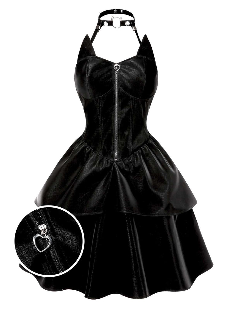 Black 1950s Halloween Catwoman Leather Dress - vintage dress, retro fashion, rockabilly